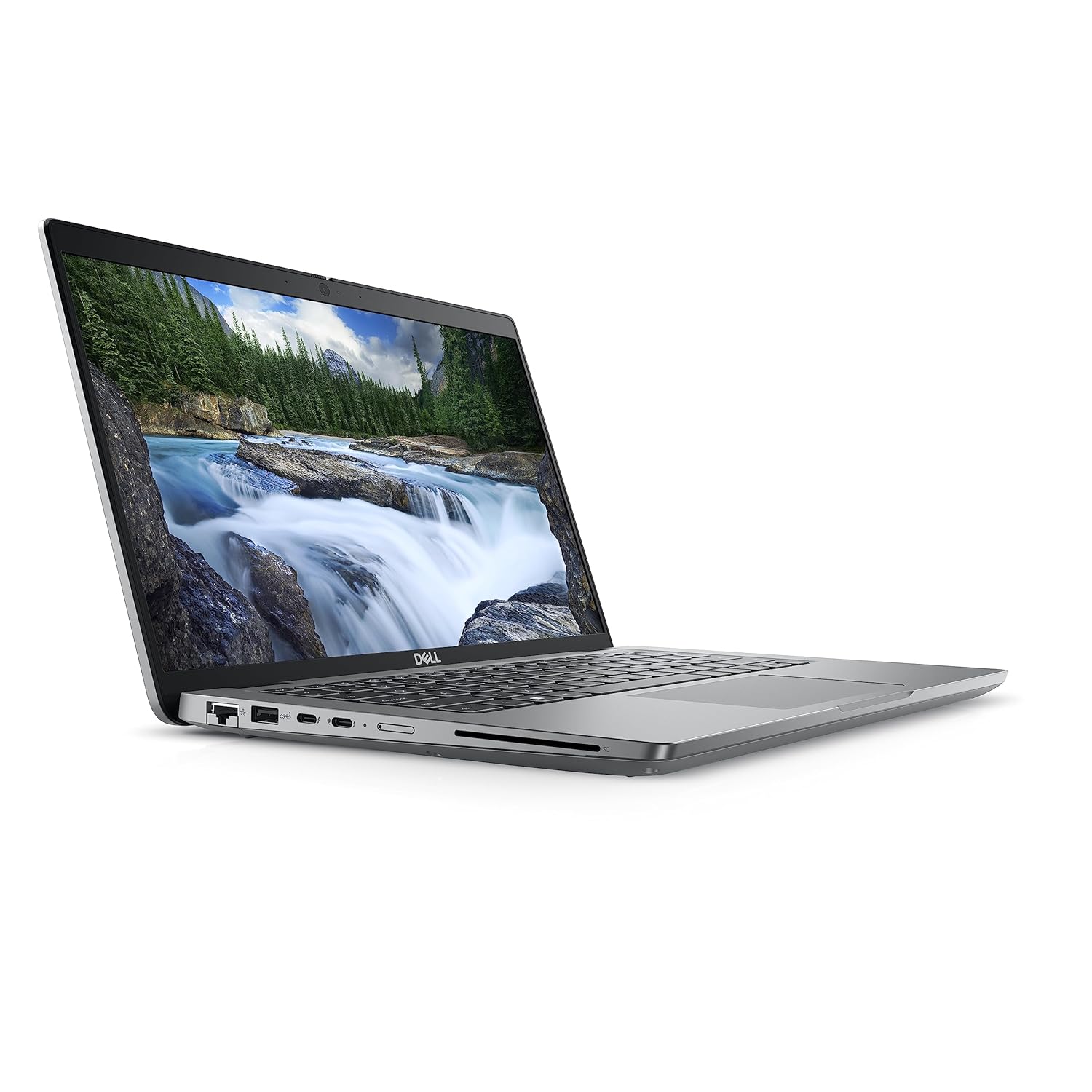 Silver Dell Latitude E5440 laptop with 14-inch screen showing river and forest wallpaper, thin design with visible USB and.